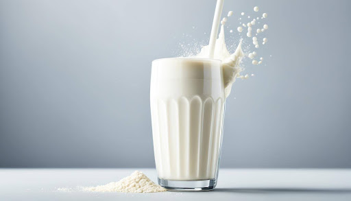 Un bicchiere di frullato proteico con vortici di colori bianco e crema, con un'immagine di una molecola di collagene da un lato e una molecola di proteina del siero di latte dall'altro.