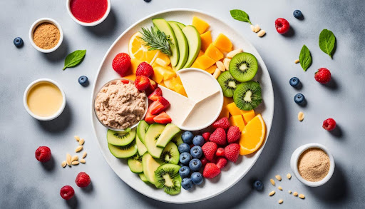 An image of a balanced plate with a portion of collagen and whey protein-rich foods surrounded by vibrant fruits and vegetables, representing the synergistic benefits of the two proteins for overall wellness. The plate should be visually appealing, with the protein sources clearly identifiable, and the fruits and vegetables radiating freshness and healthfulness.
