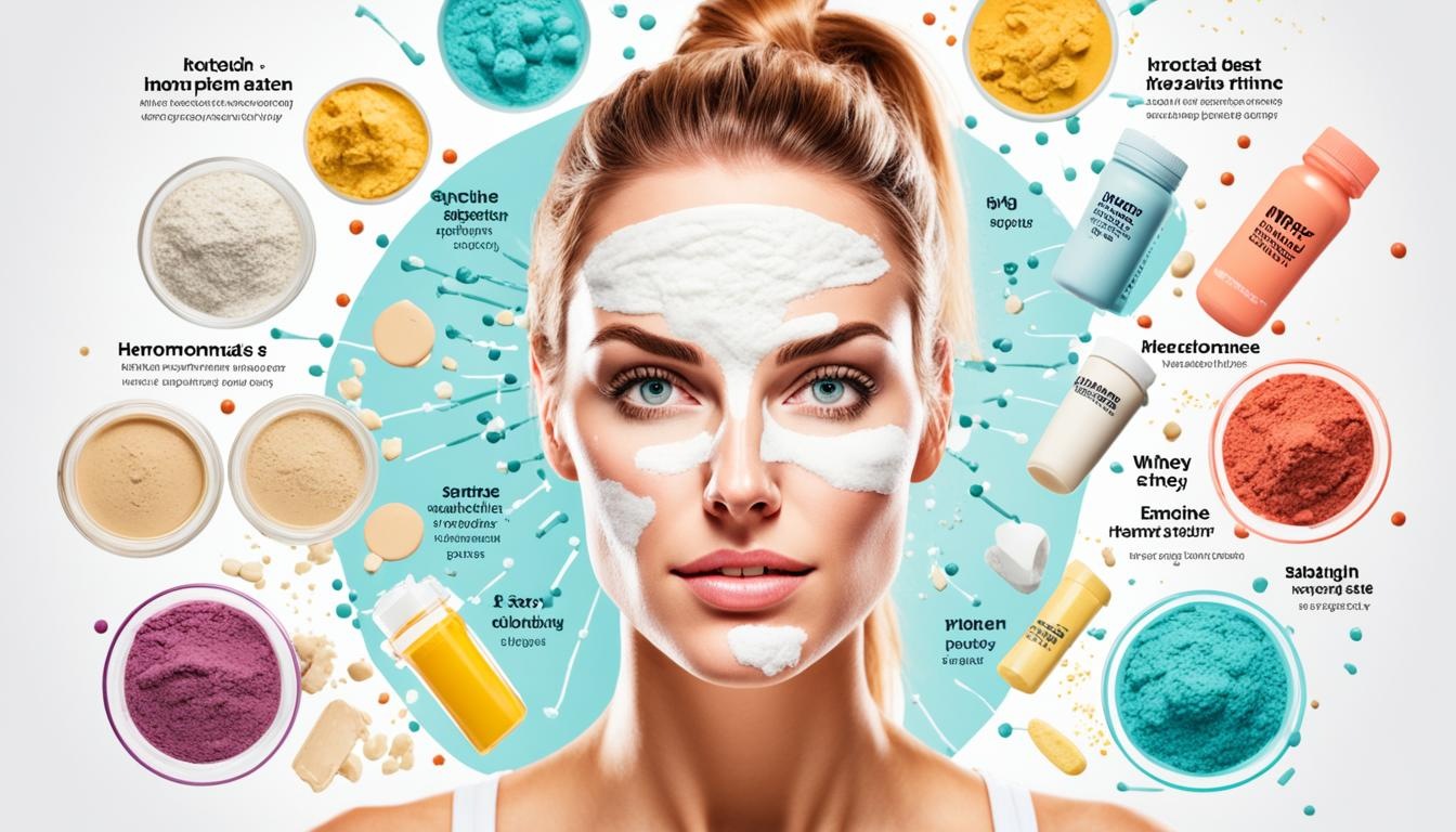 An image of a person's face with multiple acne breakouts, surrounded by various whey protein products such as powder, bars, and shakes.