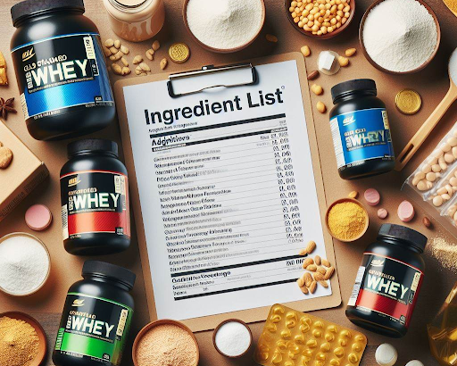 Marca diversa di proteine ​​in polvere con etichetta con l'elenco degli ingredienti
