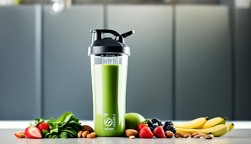 A shaker with green smoothie and fruits on top of the table