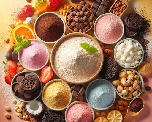 Tazas llenas de diferentes mezclas en polvo y frutas, chocolates y galletas de chocolate en colores brillantes