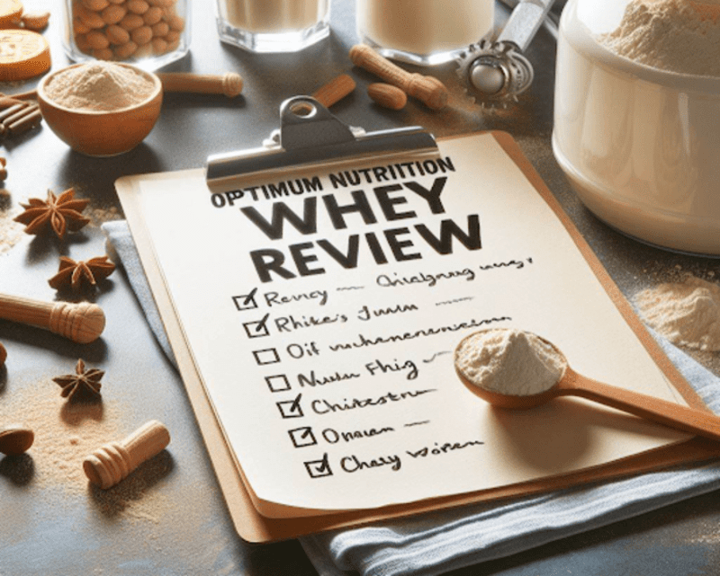Een checklist van de whey review met een lepel eiwitpoeder