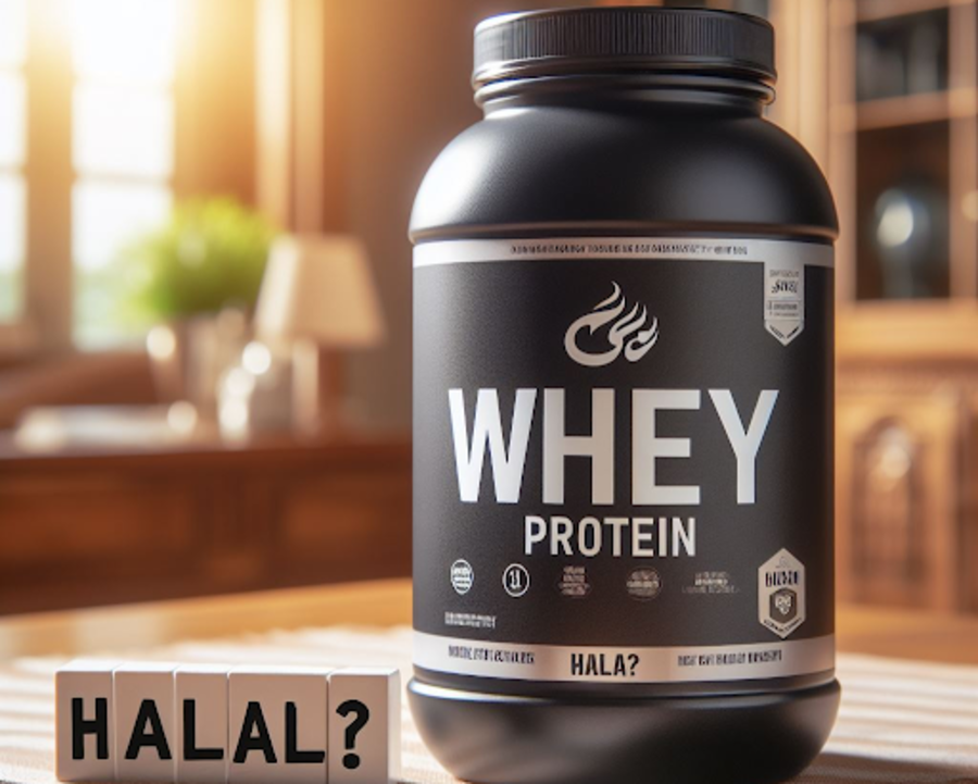 Uma proteína de soro de leite num frasco de plástico com palavra halal com ponto de interrogação
