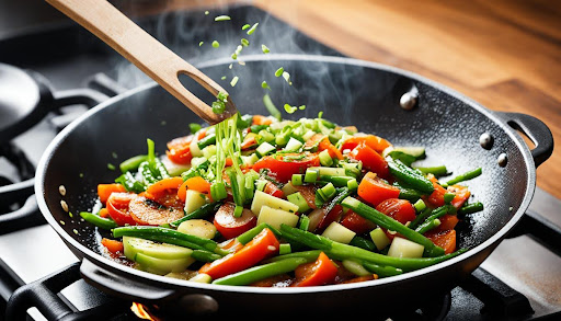 A variety of vegetables in a wok being cooked