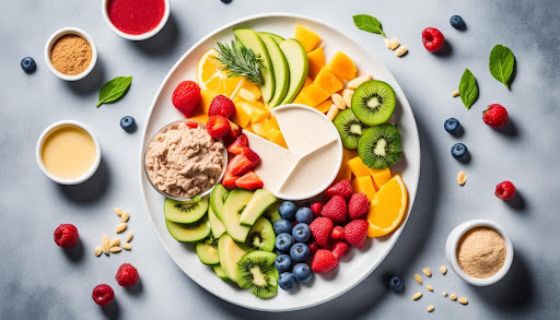 Een afbeelding van een uitgebalanceerd bord met een portie collageen- en wei-eiwitrijk voedsel omgeven door levendige groenten en fruit, wat de synergetische voordelen van de twee eiwitten voor het algehele welzijn vertegenwoordigt. Het bord moet visueel aantrekkelijk zijn, waarbij de eiwitbronnen duidelijk herkenbaar zijn en de groenten en fruit frisheid en gezondheid uitstralen.