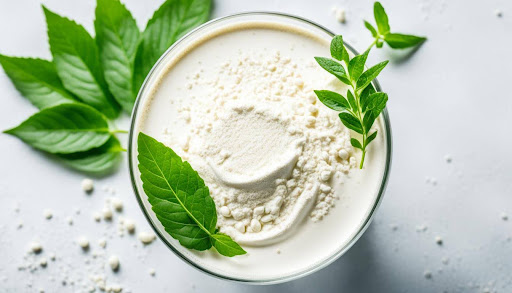 Una proteína en polvo en un recipiente con hojas verdes encima y sobre la mesa.