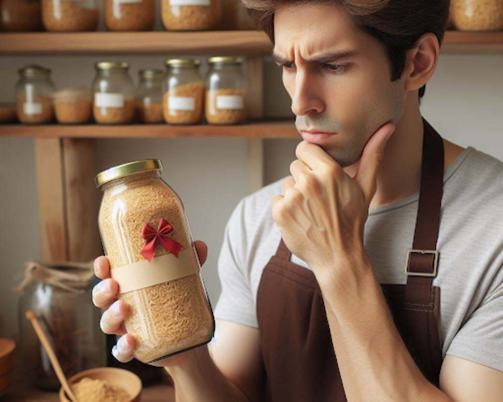 Um cara de avental segurando uma garrafa de fermento com fita vermelha na garrafa