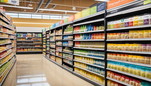 Een rijstrook met verschillende producten in de supermarkt