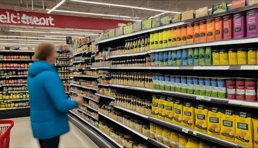 A lane of grocery store with an old lady in blue jacket 