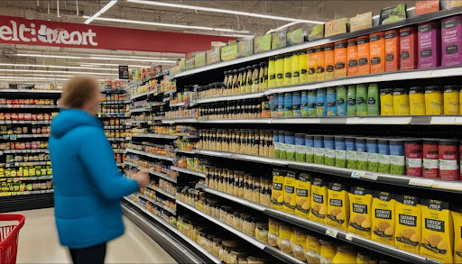 Une allée d'épicerie avec une vieille dame en veste bleue