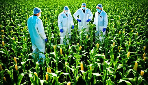 Agricultores y científicos con máscara en la granja de maíz