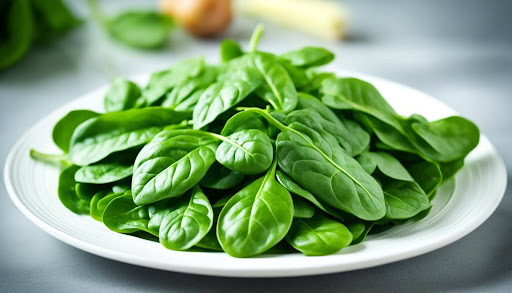 A plate full of spinach that helps improve health in many ways