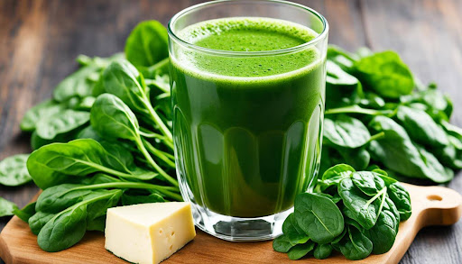 A glass with spinach juice and leaves on the side on top of wooden table