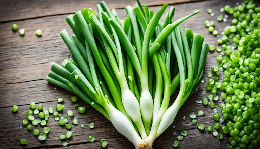 Um maço de folhas de cebola verde com pequenos pedaços de folhas cortadas em cima da mesa