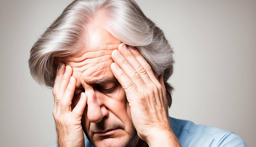 A white haired man in senior holding his hand feeling with headache