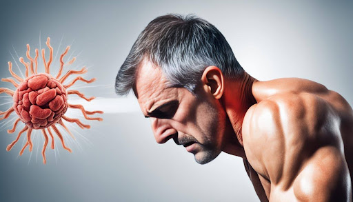 A white haired man with brain cells graphic