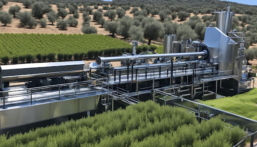 La planta extractora de aceite de oliva en medio de la finca.