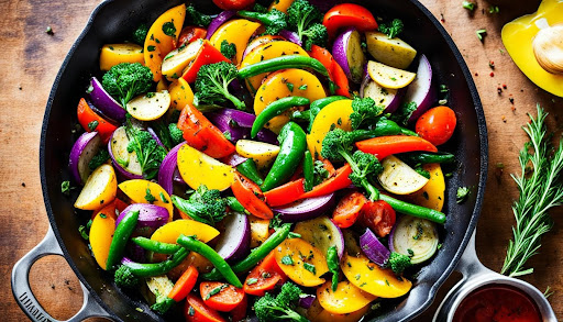 Una parrilla con variedad de verduras con hierbas y aceite de oliva.