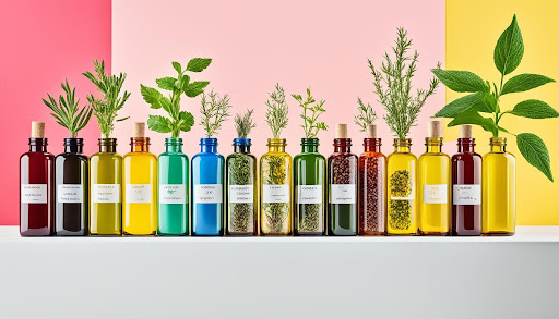 Un color diferente de botellas con hierbas y semillas en la parte superior de la botella.