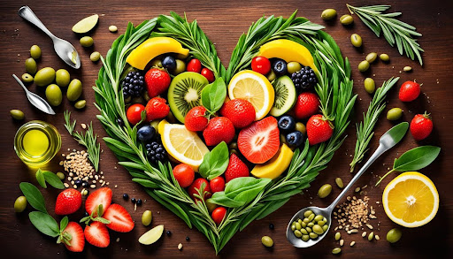 Variedad de verduras encima de una mesa de madera con forma de corazón con aceite de oliva y limón la rodea