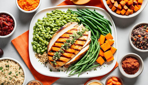 A plate full of vegetables and a piece of cooked sliced chicken