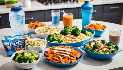 A table with different meals such as sweet potato, brocolli, chicken, water bottle and spaghetti
