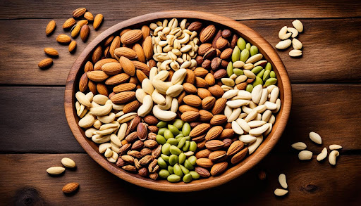 A bowl full of nuts and legumes