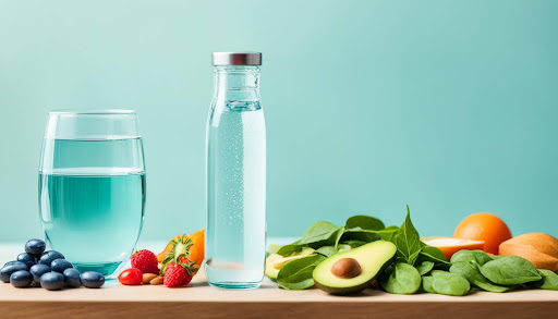 A table with glass of water and fruits
