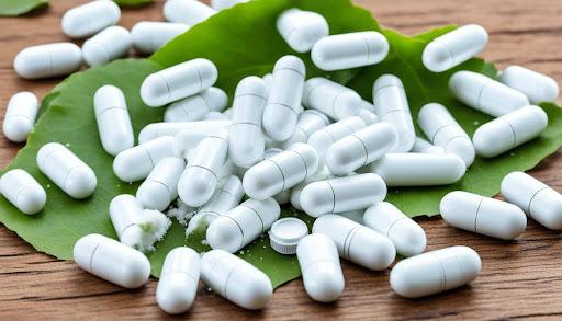 White capsule tables with green leaves at the bottom