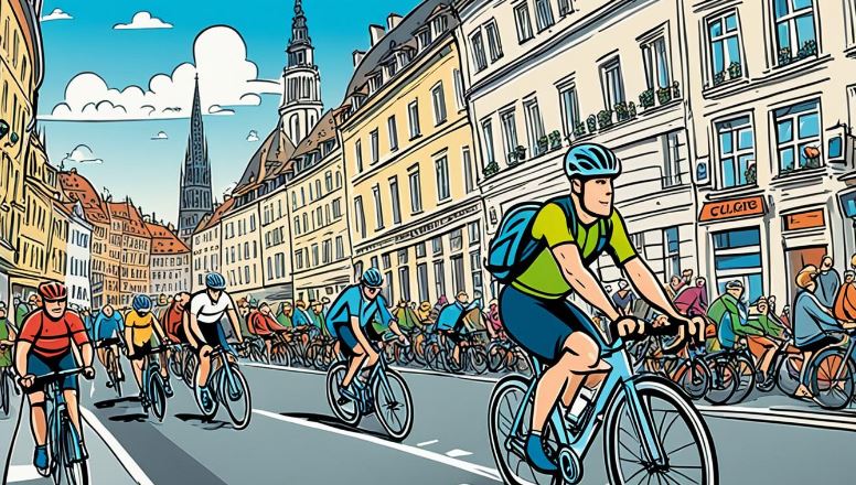 A colorful image of cyclists in cartoon format