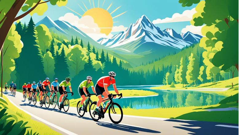A view of mountain and sun with cyclists passing by