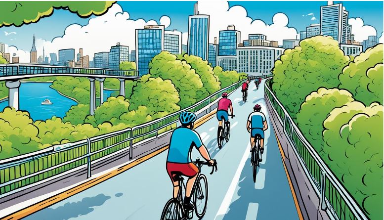 A cartoon image of cyclists passing by the bridge