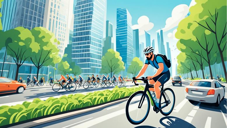 A cartoon image of a man cycling on a busy road