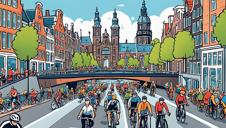 A cartoon image of people cycling at the bottom of a bridge