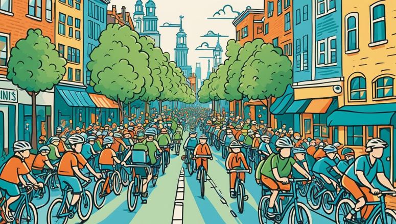 A cartoon image of people cycling with trees on the side
