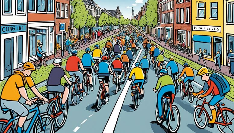A cartoon image of people cycling on the street