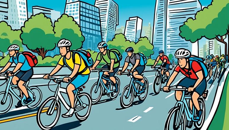 A cartoon image with people cycling on the street