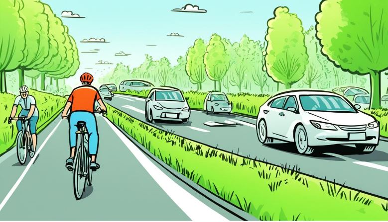 A cartoon image with people cycling on the street