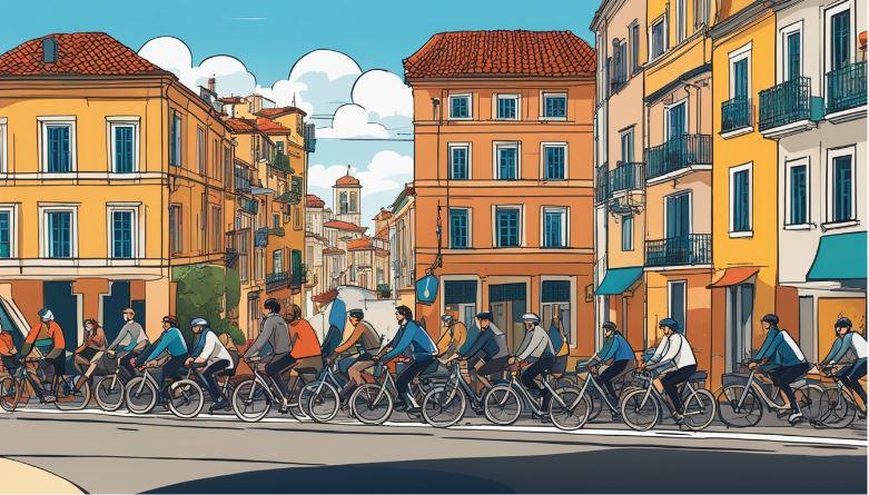Cartoonize people cycling along the road