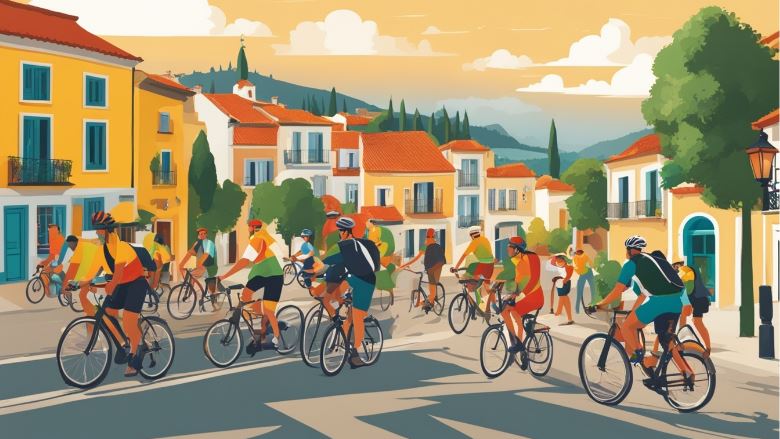 Cartoonize people cycling along the road