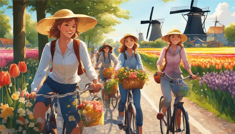 Cartoonize people cycling along the road