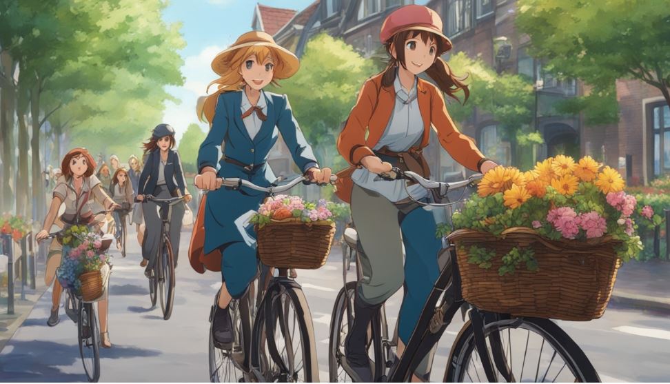 Cartoonize people cycling along the road