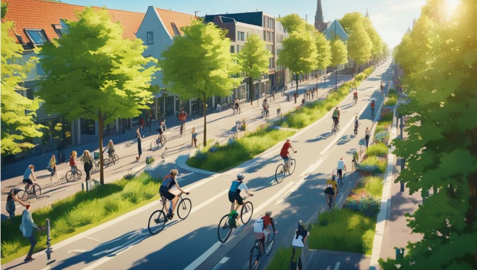 Cartoonize people cycling along the road