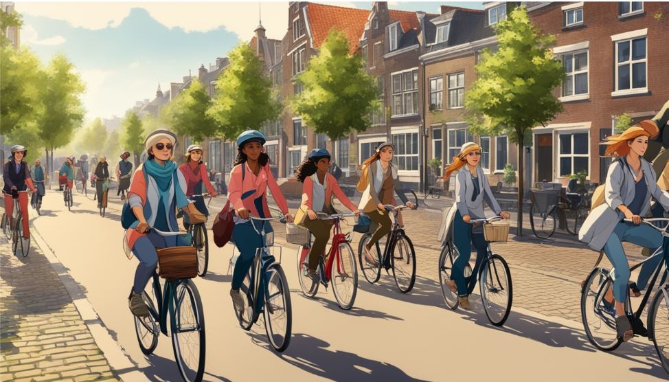Cartoonize people cycling along the road