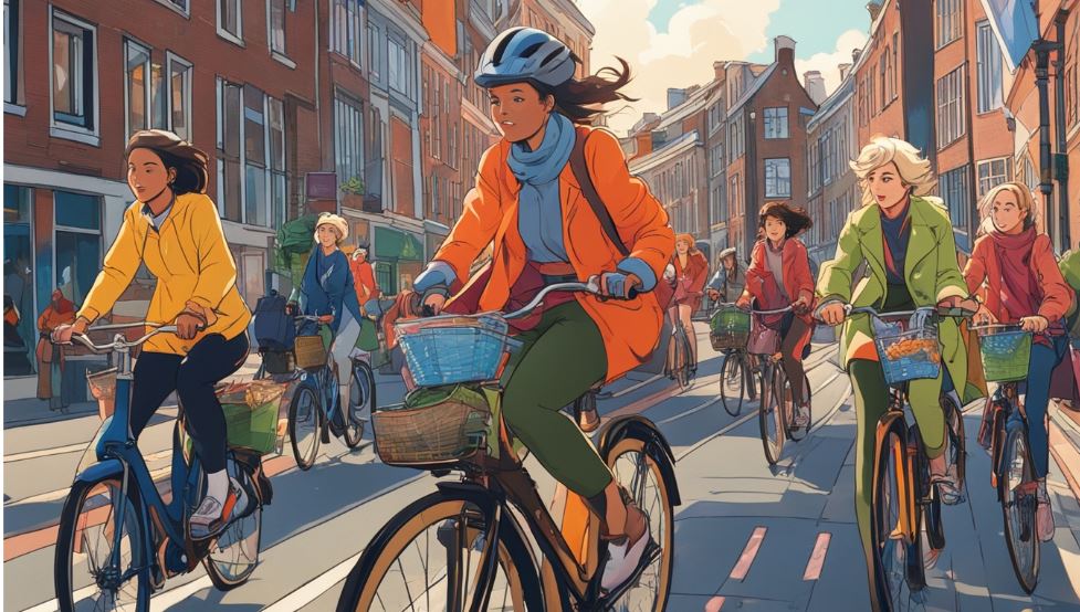 Cartoonize people cycling along the road