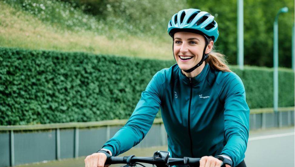 A female cyclist smiling with bike