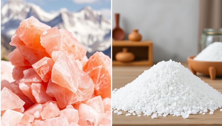 Basin full of himalayan salts with mountain as background