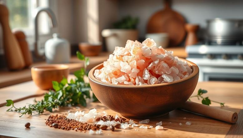 Basin full of himalayan salts with mountain as background