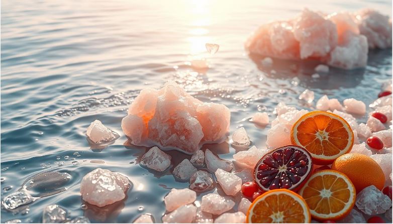 Basin full of himalayan salts with mountain as background